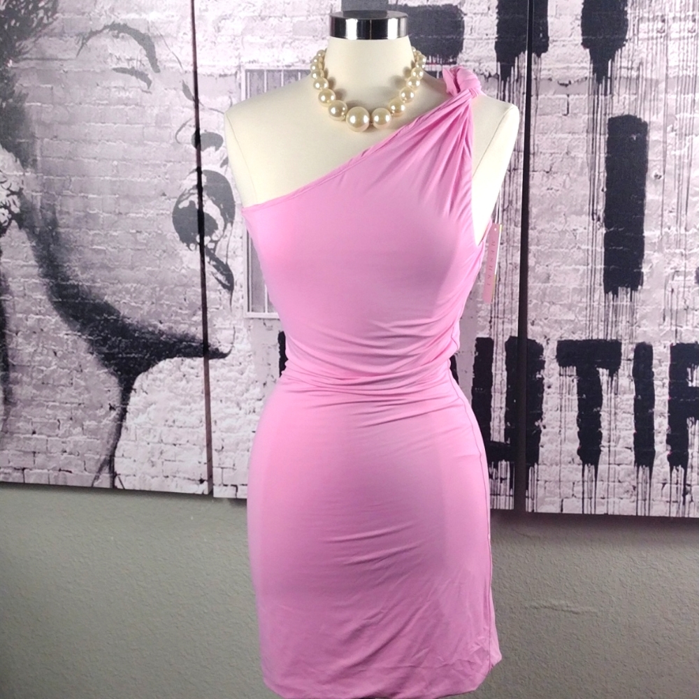 Meshki Pink Knotted One Strap Mini Dress - Picture 2 of 6